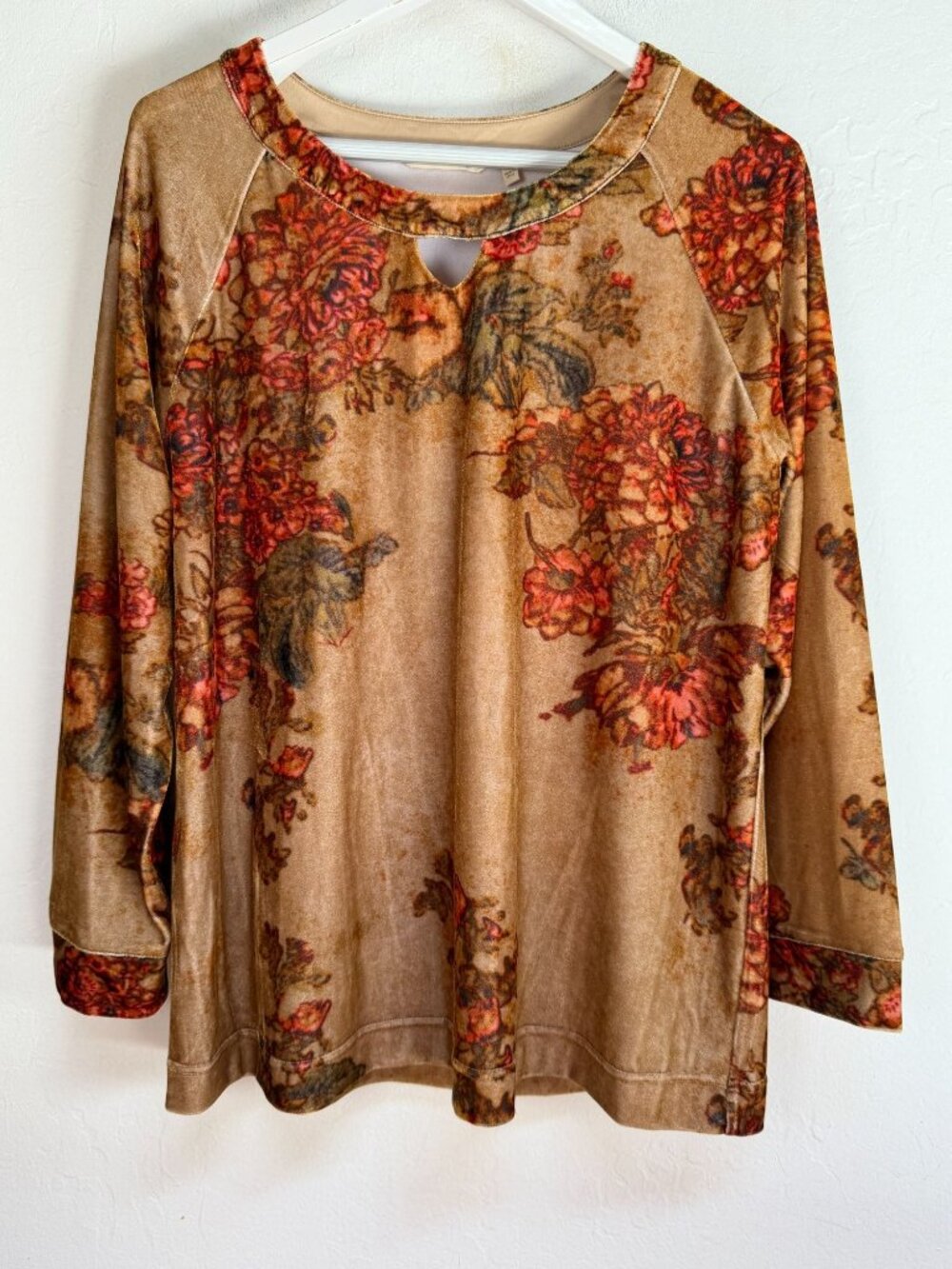 Soft Surroundings Womens Velvet Floral Keyhole Top Tan Rust Long Sleeve Large